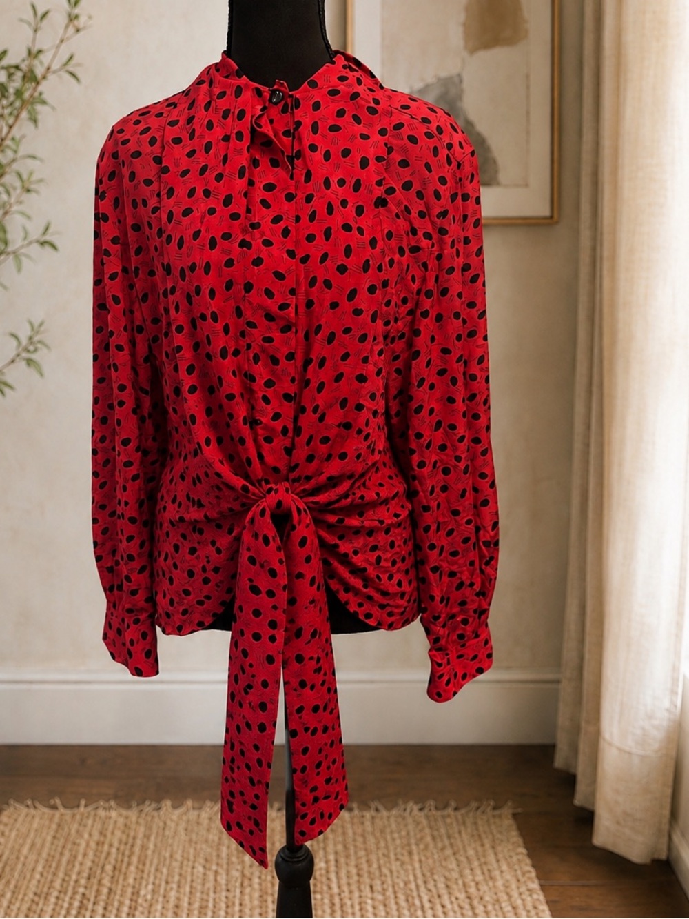 Christian Dior Womens Red Black Polka Dot Tie-Neck Blouse